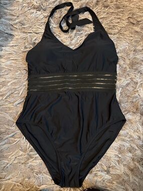 Black Halter One-Piece Swimsuit with Sheer Striped Waistband